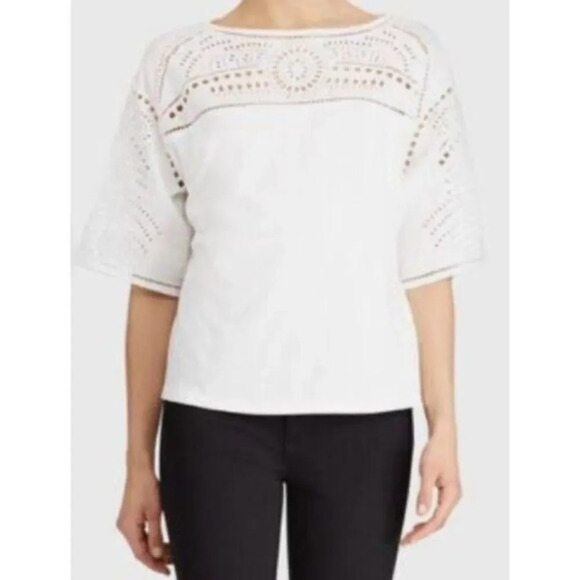 Lauren Ralph Lauren Petite White Eyelet Lace Shoulder Short Sleeve Blouse M - Picture 1 of 6